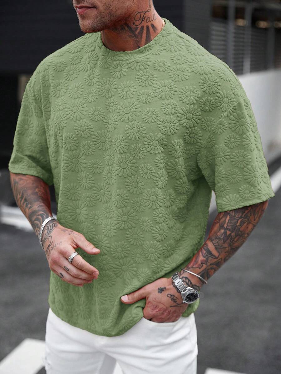 Manfinity Homme Men's Textured Fabric Round Neck Drop Shoulder Loose Casual T-Shirt For Summer - Green - View 1
