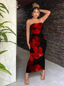 SHEIN SXY Casual Minimalist Vacation Style Sexy Red & Black Clash Color Tropical Floral Print Maxi Dress For Women, Suitable For Summer Vacation Suitable For Going Out Chic Dress - Multicolor - View 1