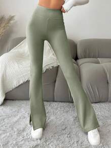 EURMUSE 女士高腰开叉纯色休闲紧身裤，百搭夏季裤子 - 薄荷綠 - 查看 4