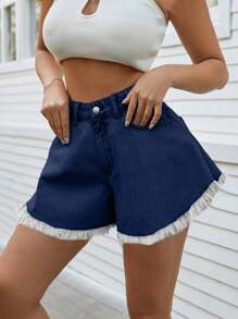 EURMUSE 99%纯棉宽松毛边迷你短裤 - 深色水洗藍 - 查看 3