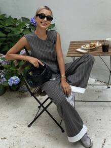 DAZY 2 件套女士夏季撞色条纹背心和裤子两件套休闲套装 - 灰色 - 查看 6