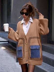 EURMUSE Knitwear Cardigan With Denim Detail Fall Winter Outwear Jacket - Beige - View 5