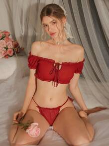 DelicateAllure Set de lencería de gasa ribete fruncido - Burdeos - Ver 5