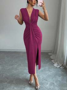 Islaluna Elegant Sleeveless Deep V-Neck With Draped Hem Slit Dress, For Women In Spring/Summer