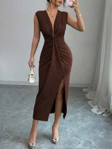 Rafferiza Elegant Sleeveless Navy Blue Deep V-Neck Draped Hem Slit Dress For Women, Spring/Summer - Mocha Brown - View 3