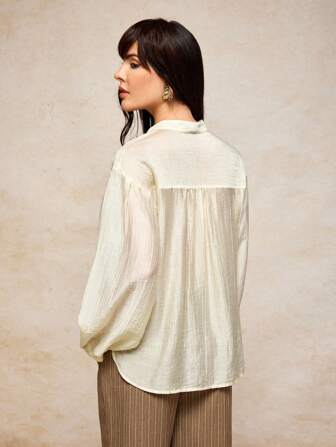 MIRENZI İlkbahar Yaz Beyaz Dokulu Şifon Şeffaf Günlük Kadın Bluz