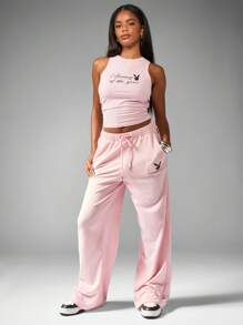 Missguided x Playboy Bunny Of The Year Slogan Tank Top Summer Sleeveless Crop Fitted Crew Neck High Neck Casual Basic Everyday Fitness Fashion - Pink - View 4