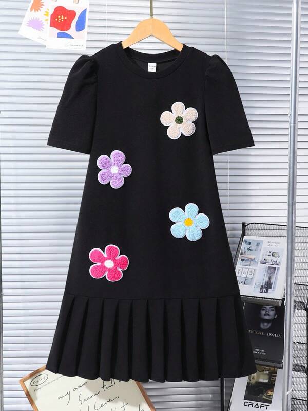 Vestido informal con cuello redondo, manga corta abombada y decoración floral 3D para niñas preadolescentes