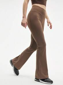 Eassivo Eassivo Women's High Waist Solid Color Flared Leggings Pants Low Impact Yoga Daily - Khaki - View 3