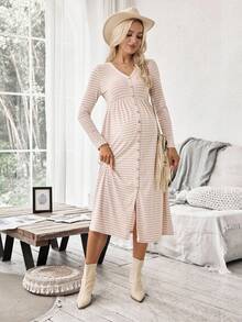 SHEIN 哺乳条纹V领休闲长袖连衣裙 - 卡其色 - 查看 5