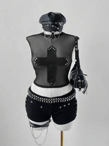 Sunspun 大码女式黑色蕾丝网眼无袖吊带背心 - 黑色 - 查看 1