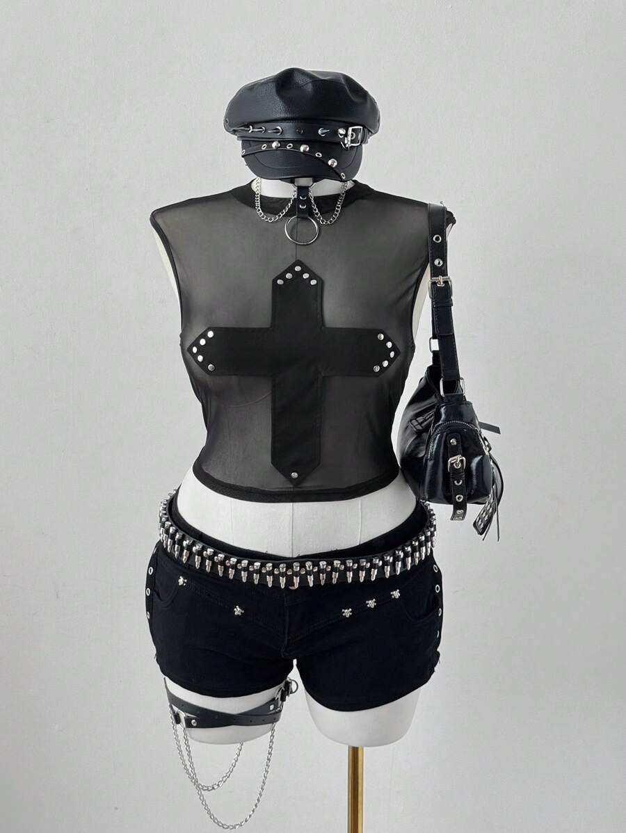 Sunspun 大码女式黑色蕾丝网眼无袖吊带背心 - 黑色 - 查看 1