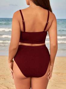 Swim Vcay Plus Size Summer Vacation Beach Solid Ribbed Camisole Bikini Set