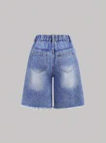 SHEIN Girlism Quần jean denim dài ống rộng thời trang Y2K cho bé gái, dáng rộng, túi xéo và viền thô, mùa xuân, kỳ nghỉ hè, lễ hội âm nhạc mùa hè, quần short rộng thùng thình, thời trang đường phố - Rửa trung bình - Xem 2
