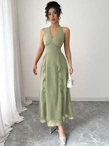 Modelyn French Elegant Solid Color V-Neck Halter Backless Waist Shaping Dress - Green - View 6