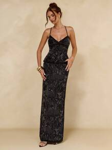 SHEIN BAE Váy thiết kế sequin hoa cho nữ, thanh lịch cho những dịp tiệc tùng - màu đen - Xem 6