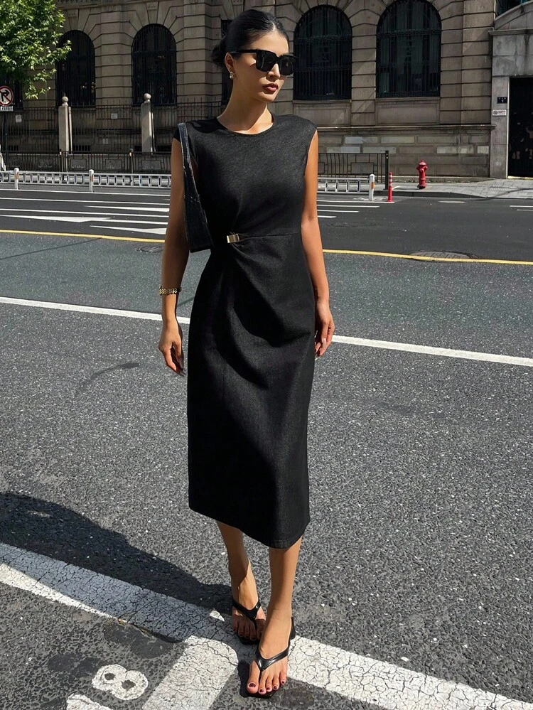 Elegant Metallic Embellished Denim Dress Maxi Dress