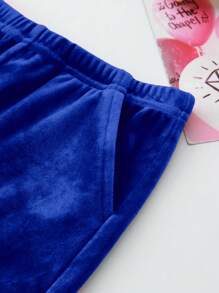 SHEIN 时尚可爱丝绒长袖连帽外套和松紧腰裤两件套女婴运动服休闲套装，蓝色丝绒运动服秋冬款 - 藏蓝色 - 查看 7