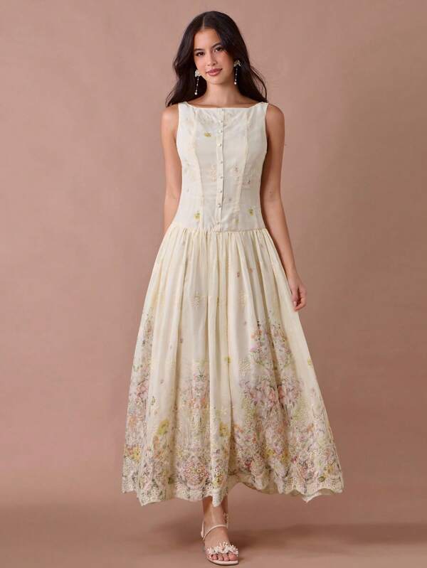 Enchnt Summer/Fall Romantic Women's Apricot Floral Print Embroidered Single-Breasted Sleeveless Long Dress