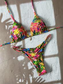 Elavelle 女士春假随机花卉印花性感吊带比基尼套装，夏季沙滩装 - 彩色 - 查看 3