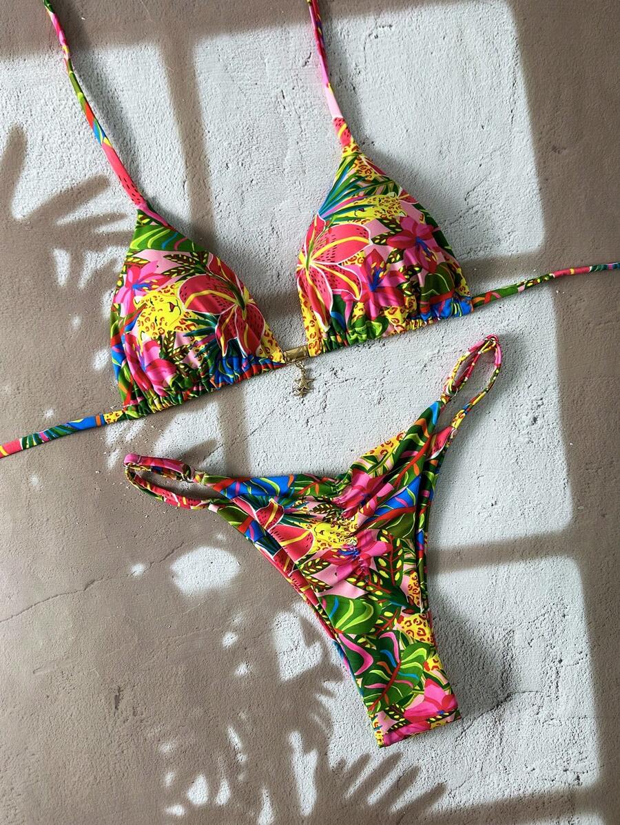 Elavelle 女士春假随机花卉印花性感吊带比基尼套装，夏季沙滩装 - 彩色 - 查看 1