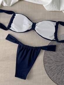 SHEIN X Sofía Suescun Swim Chiccia Conjunto de bikini con taza triangular de unicolor y decoración metálica de sol, para el verano y las vacaciones en la playa - Azul - Ver 2