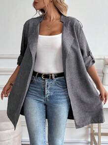 EMERY ROSE 女士纯色简约休闲长袖常规夹克灰色夹克女士长款夹克灰色开衫长款灰色夹克女士秋冬灰色夹克 - 深灰色 - 查看 3