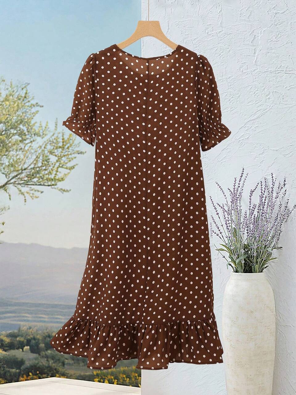 Women's Brown And White Polka Dot Summer Cottage Core Midi Dress,Flutter Sleeve Loose Holiday Picnic Dress,Business Casual Vacation Party Outfits