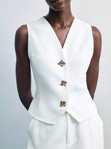 Maija 女士白色金属扣无袖V领两件套服装，适合外出，教师制服 - 白色 - 查看 3