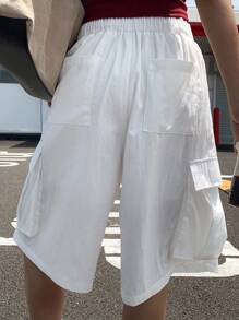 DAZY Pantalon cargo long ample et décontracté pour femmes, couleur unie avec grandes poches, pour l'été - Blanc - Voir 2