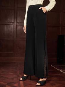 ZEYLAH CONTRAST LACE FLARE LEG PANTS FOR AUTUMN - Black - View 4