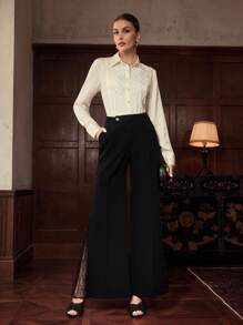 ZEYLAH CONTRAST LACE FLARE LEG PANTS FOR AUTUMN - Black - View 5