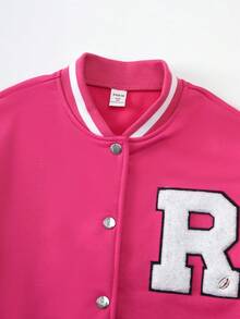 SHEIN 青少年女孩休闲日常撞色字母植绒纽扣棒球夹克