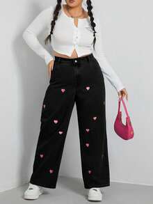 SHEIN EZwear 加心刺绣阔腿牛仔裤 宽腿牛仔裤 女童宽腿牛仔裤 女式宽腿牛仔裤 - 黑色 - 查看 4