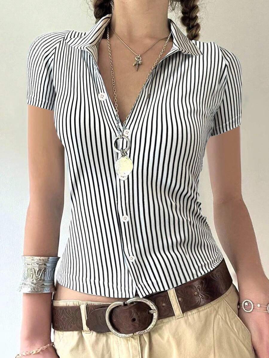 INAWLY 女式条纹印花纽扣前短袖修身 T 恤，夏季 - 白色 - 查看 1