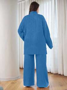 EURMUSE OLUS SIZE HIGH NECK CASUAL SWEATER CORDS - Baby Blue - View 2