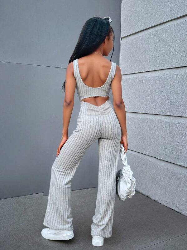 Meisjes's uitgesneden, rugloze, nauwsluitende gebreide jumpsuit met uitgesneden zoom, comfortabel, modieus en veelzijdig voor dagelijks gebruik