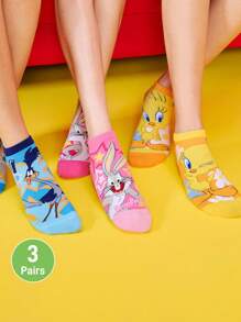 LOONEY TUNES X SHEIN 3 双柔软透气吸湿排汗休闲女士踝袜，带崔弟和路跑者图案，时尚可爱的粉色和蓝色短袜，加固脚趾和脚跟，经久耐用，四季百搭 - 彩色 - 查看 2