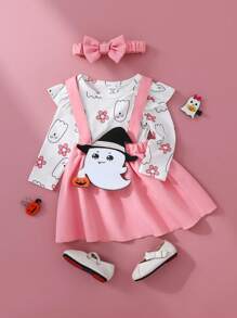 SHEIN BABY GIRL Autumn Pink 2Pcs Set, Cute Printed Top With Delicate Embroidery Detail, Everyday & Outdoor Essentials - Pink - View 1