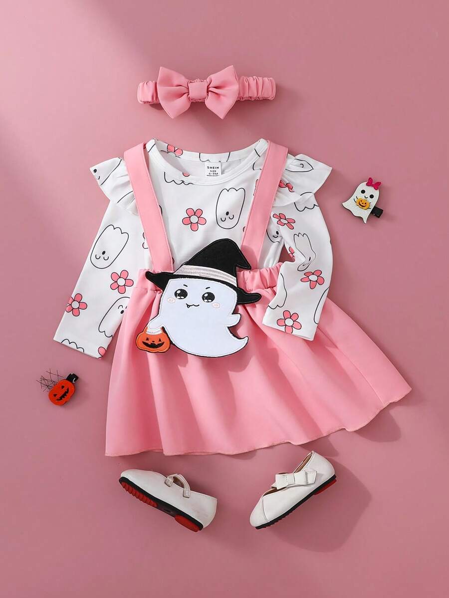 SHEIN BABY GIRL Autumn Pink 2Pcs Set, Cute Printed Top With Delicate Embroidery Detail, Everyday & Outdoor Essentials - Pink - View 1