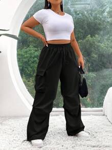 SHEIN EZwear Plus Size Solid Color Front Tie Minimalist Casual Pants