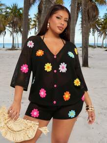 SHEIN SXY Plus Size Women's Sexy Daily Basic Casual Vacation 2pcs/Set With 3D Colorful Flower Crochet V-Neck Short Sleeve Sheer Cardigan Top And Matching Shorts Plus Size Two Piece Summer Two Piece Set Plus Plus Size Crochet Two Piece Set Plus Size Floral Two Piece Set - Black - View 4