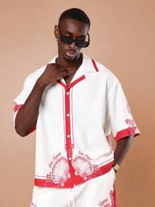 SUMWON مجموعة قميص وشورت مطبوعة بالمحار الاستوائي لعطلة الفاخرة ، لبس الشاطئ والعطلات الصيفية والهاواي