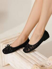 CUCCOO CHICEST 女士圆头平底蕾丝一脚蹬黑色蝴蝶结优雅简约平底鞋 - 黑色 - 查看 6