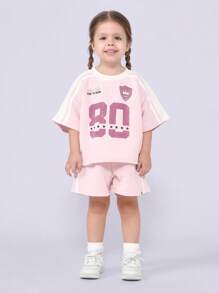 SUMWON طقم تي شيرت أكمام قصيرة مشترك مع شارة والأرقام الجامعية، قطعة صيفية ناعمة كاجوال مريحة تي شيرت وشورت، طقم أساسي للموضة للفتيات - وردي - مشاهدة 1