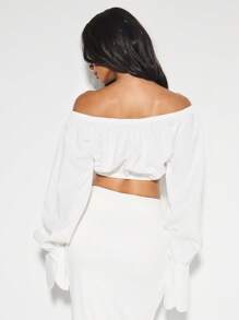 KIZN 露肩短款上衣，长袖泡泡袖，风琴式口袋，修身袖口，松紧腰身，适合派对、晚宴、节日等夏季穿着。 - 白色 - 查看 2