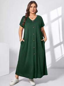 SHEIN Essnce 大码女装春夏时尚休闲宽松舒适日常短袖黑色V领口袋长裙，女装夏季服装，女装教堂服装，老钱风格女装，女装教师服装，女装机场服装 - 墨綠色 - 查看 6