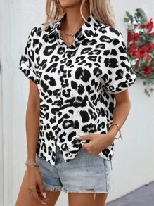EMERY ROSE Blusa de mujer de manga murciélago con estampado de leopardo para vacaciones, informal - Blanco - Ver 3