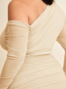 SHEIN BAE Đầm ôm body lưới xếp nếp cổ dài tay không đối xứng màu đen cỡ lớn dành cho nữ, gợi cảm & phù hợp cho mọi hoạt động hàng ngày, đi chơi, hẹn hò, trà chiều, kỳ nghỉ, mùa xuân/hè, trở lại trường, công sở - Màu be - Xem 7