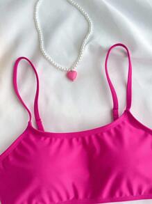 SHEIN Tween Girl 3 件套：纯粉色针织比基尼上衣和花卉印花裙，休闲海滩度假 - 玫紅色 - 查看 5